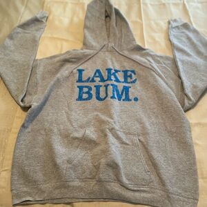 Size XL, Gray Hoodie with Blue "LAKE BUM." Graphic